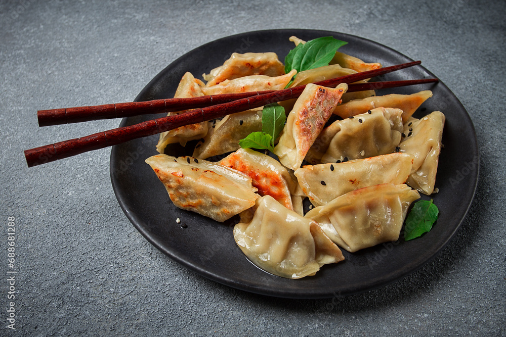 japanese fried dumplings, gyoza, sesame seeds, top view, no people, japanese fried dumplings, gyoza, sesame seeds, top view, no people,
