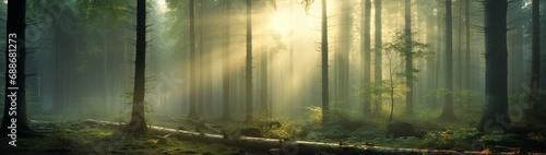 A misty forest in the early morning  with sunbeams filtering through trees and leaving room above for copy.