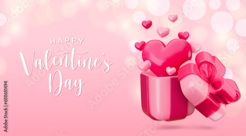 Vector 3d Happy Valentines Day Love banner template. Cute cartoon gift box concept. Realistic 3d render pink open present with red ribbon and flying out hearts balloons on shiny bokeh pink background.