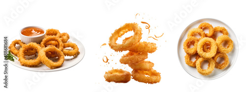 Set View of Onion Rings Group from Top and Side, Isolated on Transparent Background, PNG photo