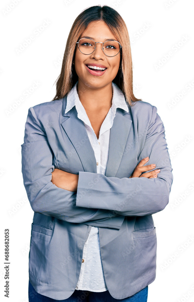 Young hispanic business woman wearing business shirt and glasses smiling and laughing hard out loud because funny crazy joke. Young hispanic business woman wearing business shirt and glasses smiling and laughing hard out loud because funny crazy joke.