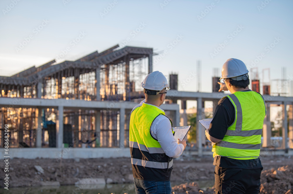 Two Asian engineer working at site of a large building project,Thailand people,Work overtime at construction site,Team of engineer discus at site Two Asian engineer working at site of a large building project,Thailand people,Work overtime at construction site,Team of engineer discus at site