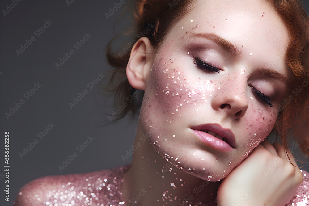 Fashion editorial Concept. Stunning beautiful woman girl high fashion striking pink glitter shimmer sparkle. illuminated with dynamic composition and dramatic lighting. copy text space
