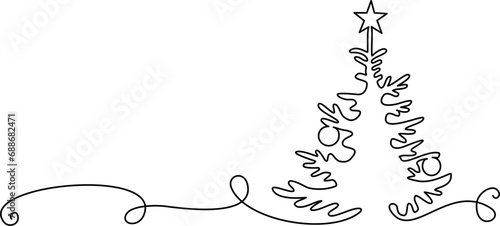 Christmas pine fir tree stroke decoration. Continuous one line drawing.