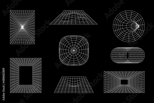 Set of abstract wireframe shape grid in y2k style.Black white retro futuristic collection for design.Vector stock illustration.