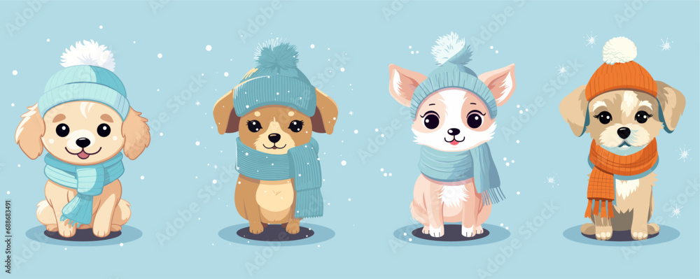 Vector illustration set of dogs wit scarfs and wool hat Vector illustration set of dogs wit scarfs and wool hat