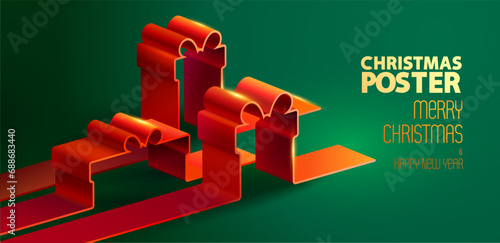 Red Christmas gift boxes on green background. Unusual 3D stylization. Holiday festive illustration for poster, banner and flyer.