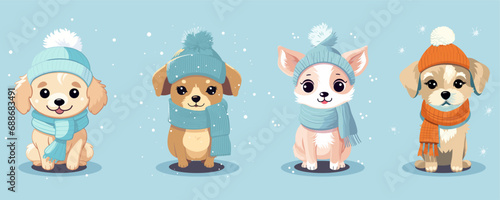 Vector illustration set of dogs wit scarfs and wool hat