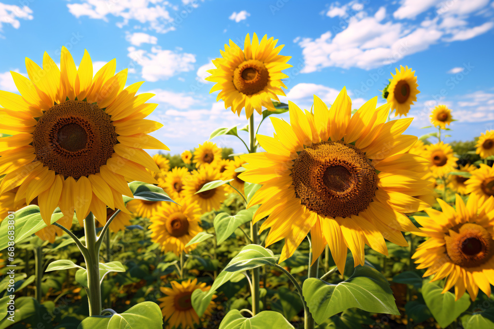 A field of beautiful vibrant sunflowers on a sunny day 