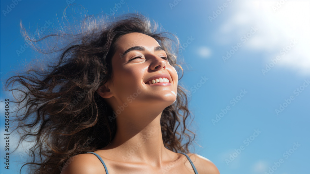 A Brunette woman breathes calmly looking up isolated on clear blue sky A Brunette woman breathes calmly looking up isolated on clear blue sky