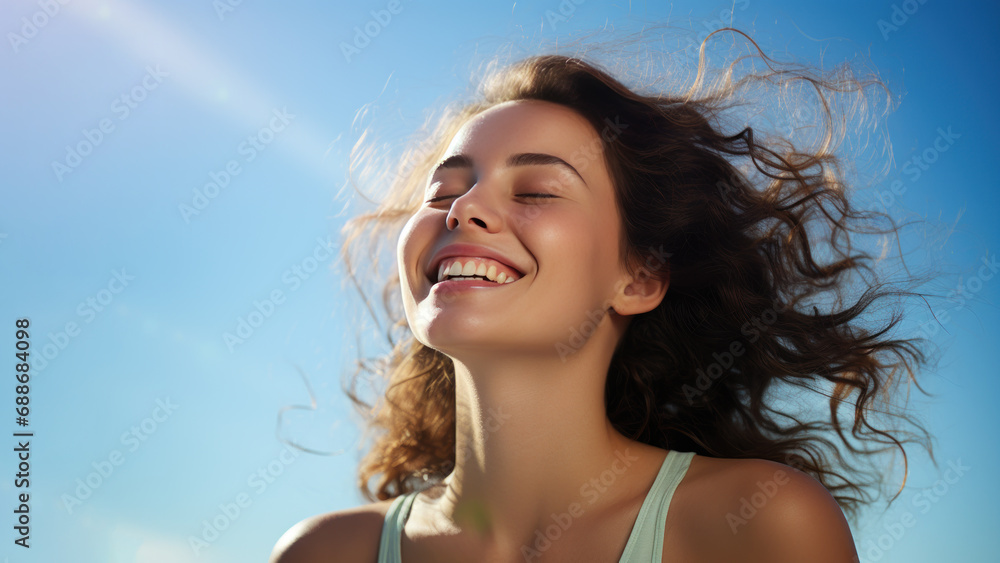 A Brunette woman breathes calmly looking up isolated on clear blue sky