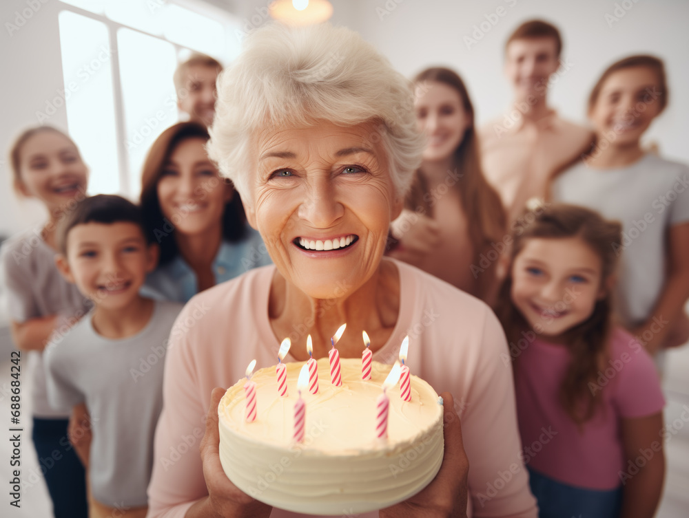 Elderly woman holding a birthday cake. Concept shows family celebration and love.