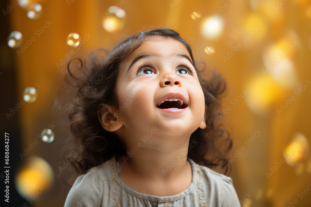 Happy indian little girl excited looking up in the bubbles
