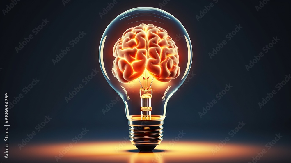 Light bulb with lightening human brain inside of it, highlight power of mind to illuminate darkness of ignorance Light bulb with lightening human brain inside of it, highlight power of mind to illuminate darkness of ignorance
