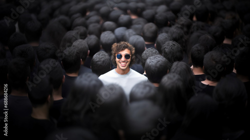 Smiling man standing out from large crowd of people