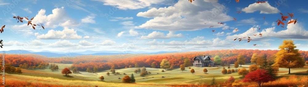 Fototapeta premium A pastoral countryside landscape during autumn, with colorful foliage framing a sky perfect for advertising text.