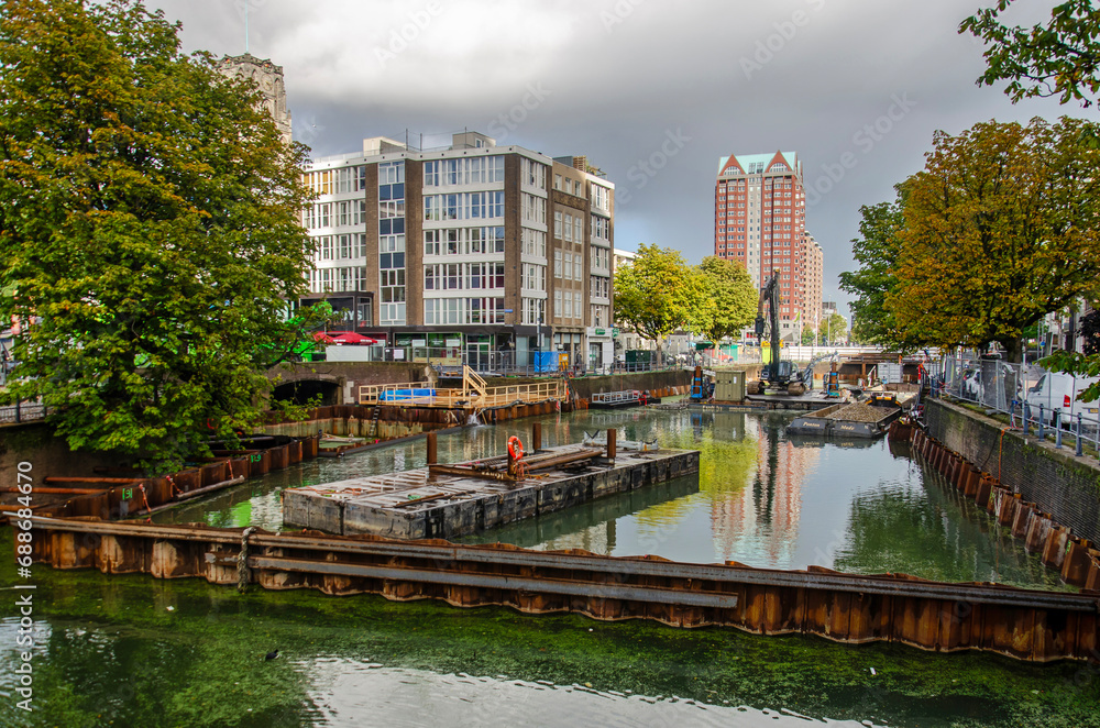 Roterdam, The Netherlands, October 15, 2023: downtown Steigergracht canal with work on the future surfing facility