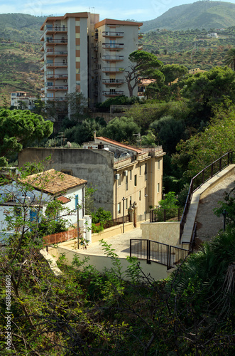 Typical Sicilian landscape of small village near the sea. Santo Stefano di Camastra is a municipality in the Metropolitan City of Messina in the Italian region Sicily. Travel and tourism concept photo