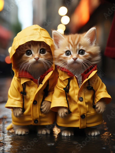 Two kittens wearing yellow raincoats. Concept of adorable pet dressing.