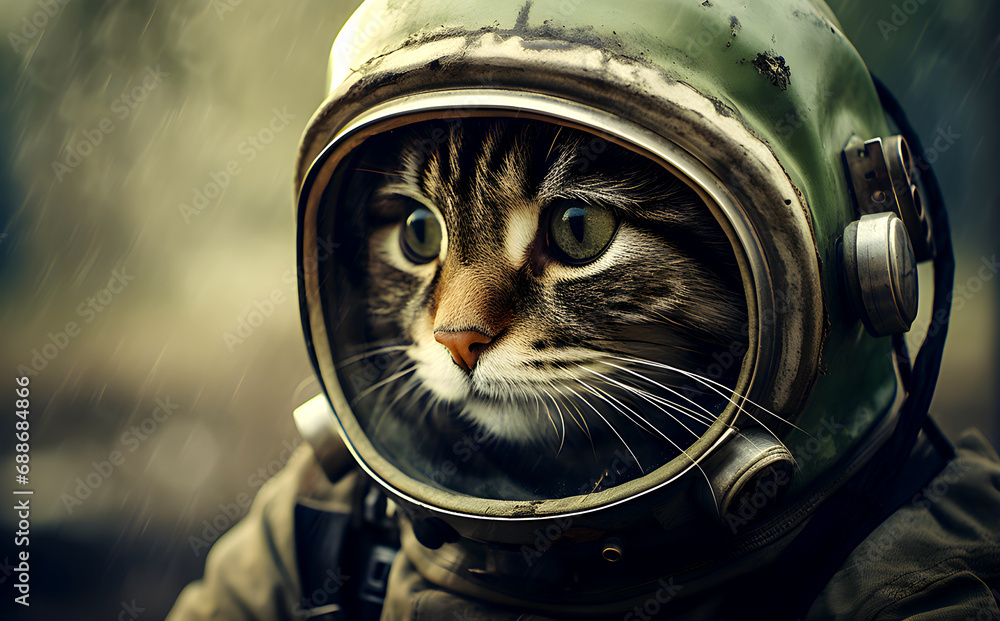 A cat wearing an old-fashioned astronaut helmet looks curious and ready for a space mission