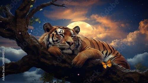 a sleeping tiger under a beautiful clear sky. seamless looping time-lapse virtual video Animation Background. photo