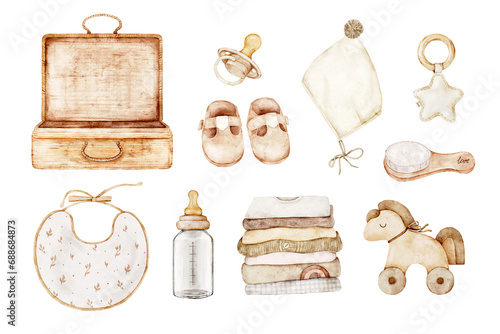 Set of accessories for a newborn on a trip. Watercolor illustrations of baby clothes, shoes, toys, care items. Clipart for cards, posters, baby showers, invitations, new born celebration, decorations photo