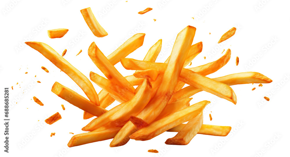 Flying delicious potato fries, cut out Flying delicious potato fries, cut out