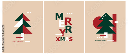 Christmas Vector Prints with Christams Trees and Xmas Wishes on a Red, Green, Beige and White Background. Winter Holidays Modern Minimalist Prints ideal for Poster, Greetings, Card. Cool Xmas Cards.