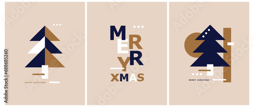 Christmas Vector Prints with Christams Trees and Xmas Wishes on a Blue, Gold, Beige and White Background. Winter Holidays Modern Minimalist Prints ideal for Poster, Greetings, Card. Cool Xmas Cards.
