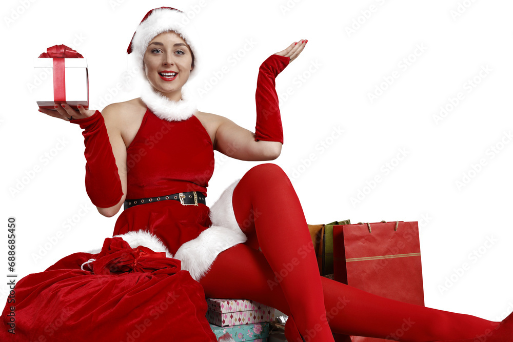 Obraz premium Santa Claus woman on white background. Free space for your decoration. Slim young woman and red dress. 