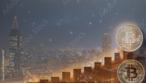double exposure of bitcoins gold coins with growth graph and blurred city view at night, bitcoins growth