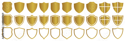 Set of gold shields. Collection of security shield icons. Shield badge quality symbol. 