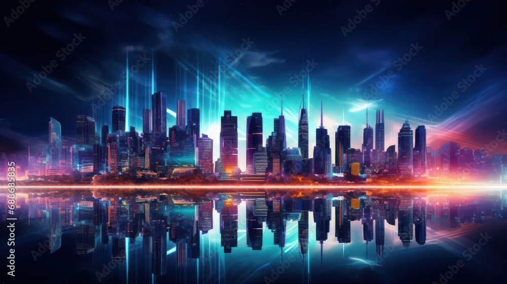 cityscape with space and neon light effect. Modern hi-tech, science, futuristic technology concept. Abstract digital high tech city design for banner background