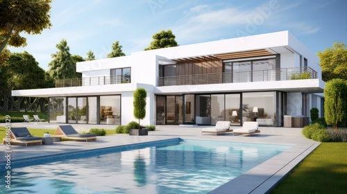 3d rendering of modern house by the river at morning, house, luxury, villa, modern, architecture, building, exterior, residential, property, designer. © pinkrabbit