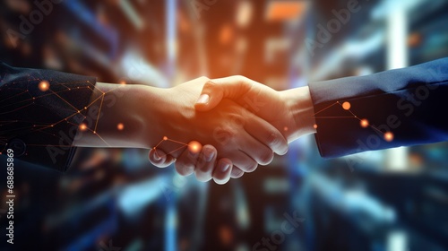 Close up of business people shaking hands against technology background, leader, teamwork, target, Aim, confident, achievement, goal, on plan, finish, generate by AI photo