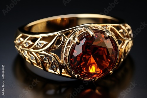 Golden ring with amber stones. photo