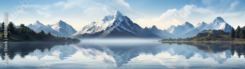 A serene lake reflecting majestic mountains  with a perfectly clear sky offering abundant space for copy.
