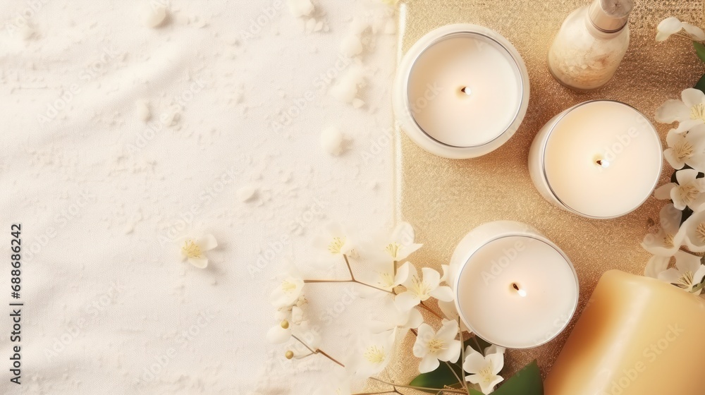 Beautiful spa treatment composition such as Towels, candles, essential oils, Massage Stones on light wooden background. blur living room, natural creams and moisturizing Healthy lifestyle, body care Beautiful spa treatment composition such as Towels, candles, essential oils, Massage Stones on light wooden background. blur living room, natural creams and moisturizing Healthy lifestyle, body care