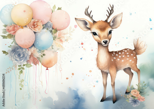 Cute baby background animal design decoration girl illustration cartoon watercolor card drawing