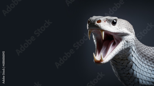 White snake open mouth ready to attack isolated on gray background photo