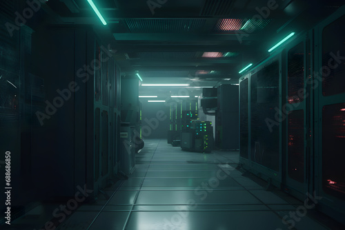 Shot of Data Center With Multiple Rows of Fully Operational Server Racks. Modern Telecommunications. Neural network AI generated art