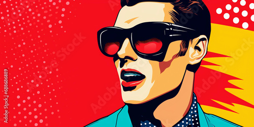 Dynamic pop art image of a male in retro sunglasses, comic book style with bright halftone dots