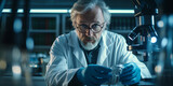 Identity portrait of a scientist in a lab coat, holding a microscope, intelligent eyes, clean lab environment