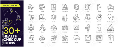 Health checkup stroke icon set. Medical care service icons such as checkup, patient, doctor, treatment, blood pressure, healthy food, injection, and health card. Vector stroke outline icon collections photo