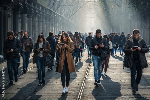 Foto mostrando o cotidiano conectado e dependente das pessoas nos smartphones e redes sociais, tecnologia e conexão 4G e 5G.	 photo