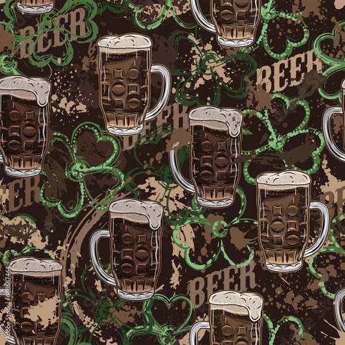 Brown grunge camouflage pattern with beer, abstract paint splatter, smudges., brushstrokes, blots. Random chaotic composition for Patricks Day. Good for apparel, clothing, fabric, textile, sport goods