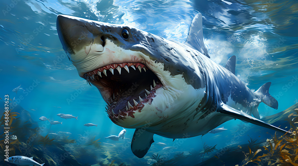 Obraz premium large shark with sharp teeth is swimming in the ocean with small fish around it. The water is blue, and there is sunlight from above
