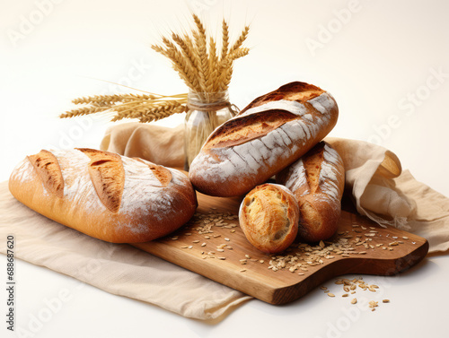 Artisanal bread loaves and baguettes on a wooden board with wheat stalks, symbolising homemade freshness.