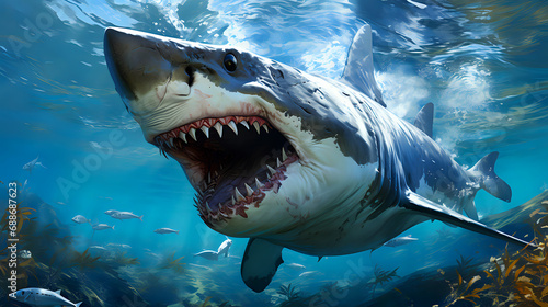 large shark with sharp teeth is swimming in the ocean with small fish around it. The water is blue, and there is sunlight from above