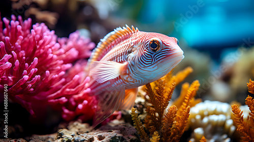 vibrant underwater scene, a striped fish with large eyes swims among pink coral and orange sea plants